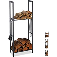 Los mejores  - Relaxdays- Antracita- 150 x 60 x 30 cm leñero Interior con 2 estantes y 4 colgadores para Accesorios Chimenea- Acero